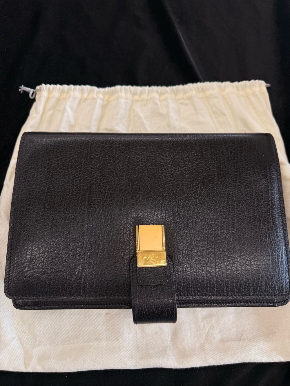 Vintage Bally Black Leather Clutch with Gold Hardware